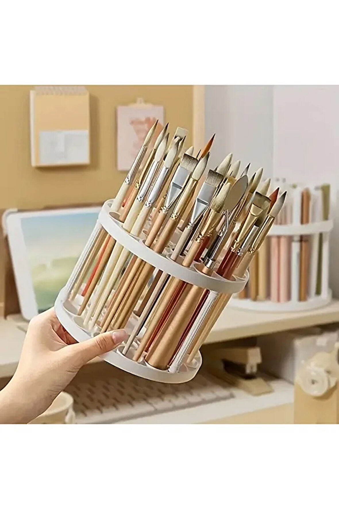 Masaüstü düzenleyici kalemlik, fırçalık, kalem ve fırça organizer, 360° dönebilen, fırça-kalem stand