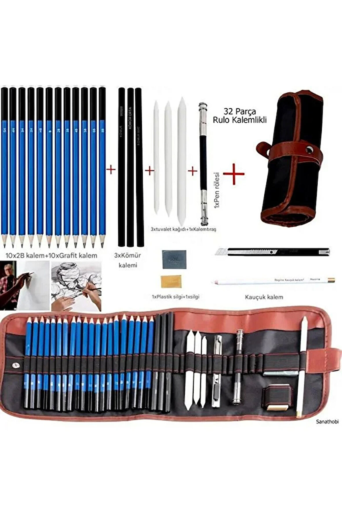 Kara kalem çizim seti, eskiz kalem seti, dereceli kalem set, tonlama-Rulo kalemlikli-32parça