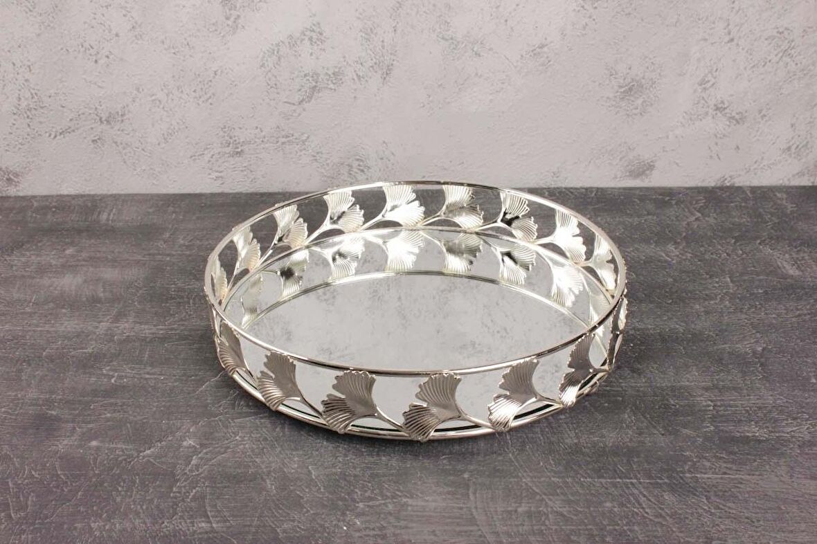 Yonca Aynalı Tepsi Gümüş Renk 31 CM