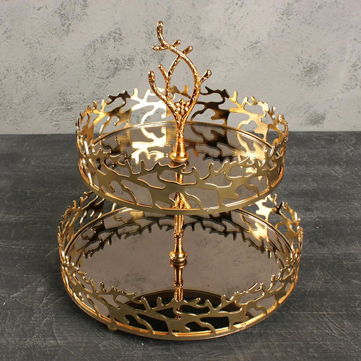 Çınar Dekoratif Kurabiyelik Sunumluk 2 Katlı Gold Renk Yuvarlak