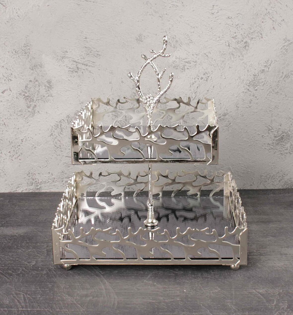 Çınar Dekoratif Kurabiyelik Sunumluk 2 Katlı Gümüş Renk Kare