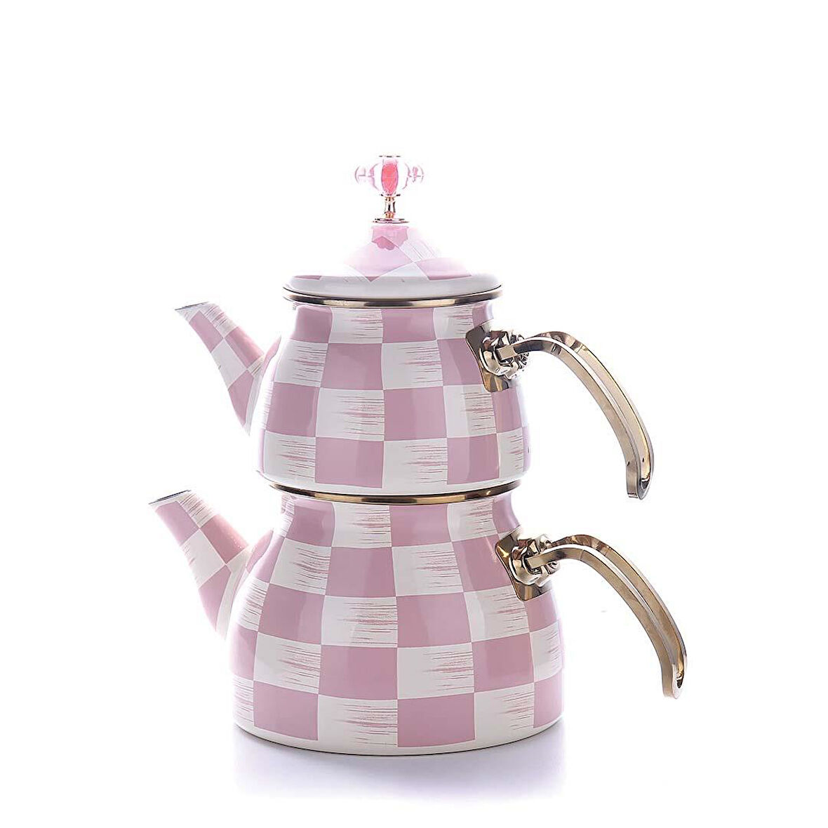Emaye Çaydanlık Takımı Dama Desen Özel Tasarım Pembe