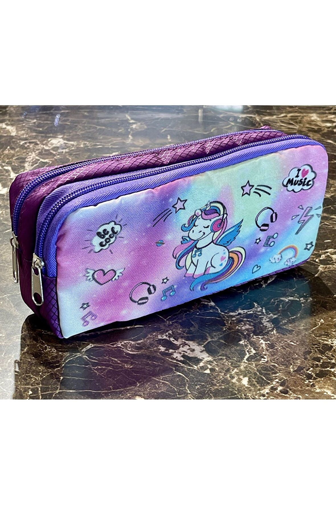 Unicorn Yıldız Desenli İki Bölmeli Çocuk Okul Lila Mor Kız Kalemlik Kalem Kutusu 21 x 11 x 6 cm