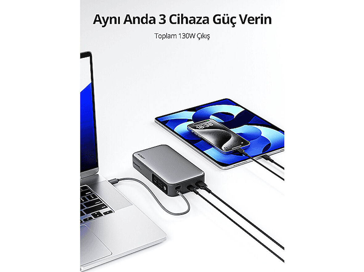 AUKEY PB-Y48-GY 100W 20000 mAh PD Dahili Type-C Kablolu Taşınabilir Şarj Cihazı