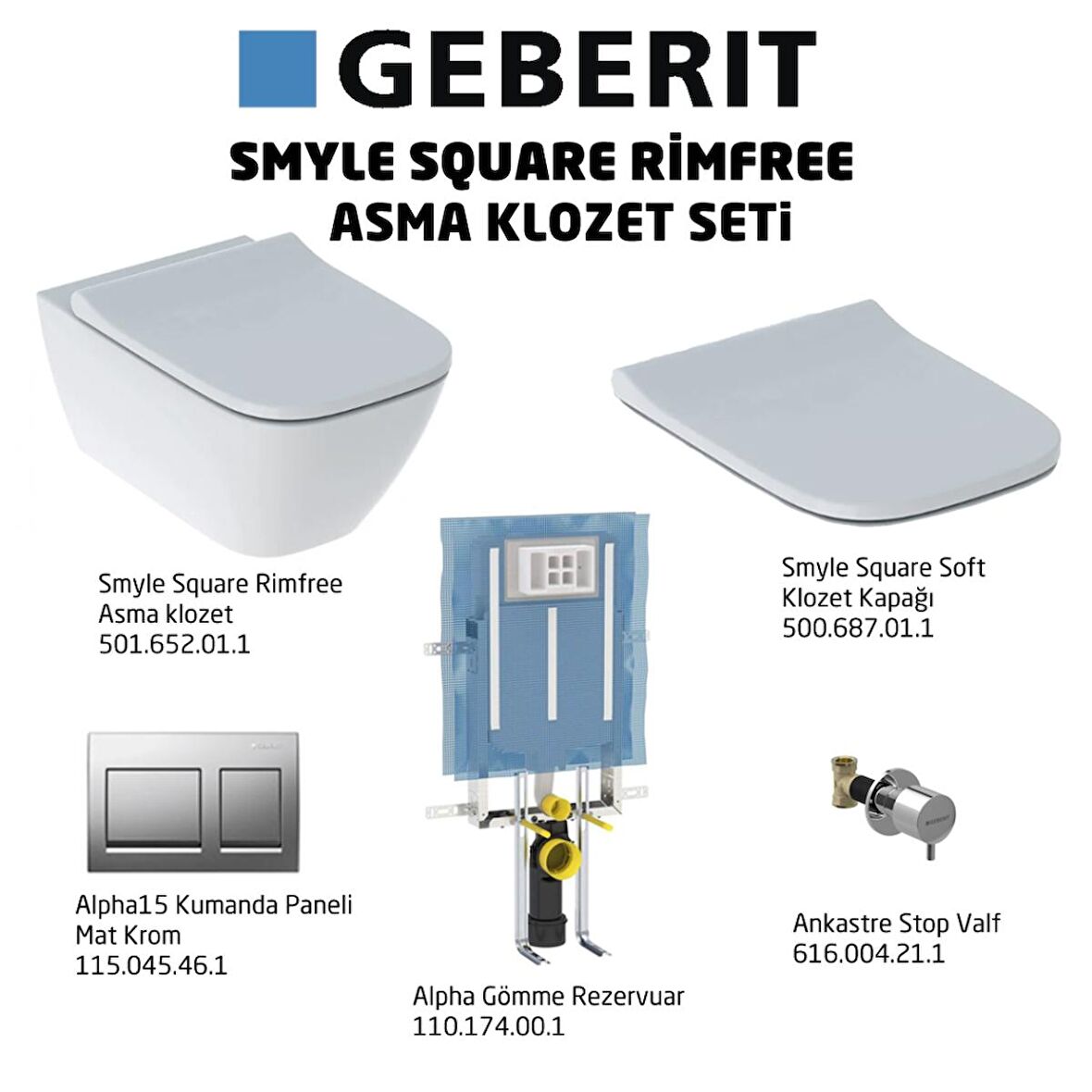 Geberit Smyle Square Rimfree Alpha15 Soft Asma Klozet Seti, Mat Krom