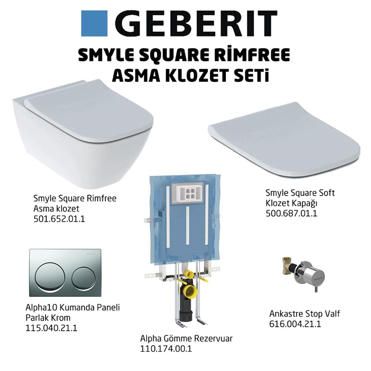 Geberit Smyle Square Rimfree Alpha10 Soft Asma Klozet Seti, Parlak Krom