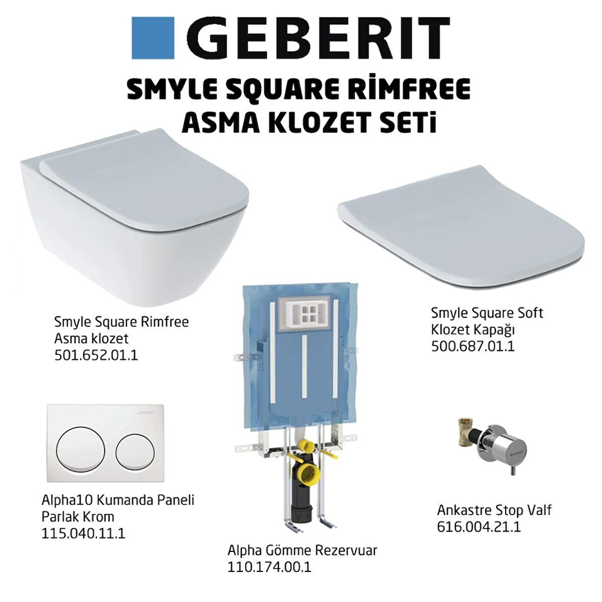 Geberit Smyle Square Rimfree Alpha10 Soft Asma Klozet Seti, Beyaz