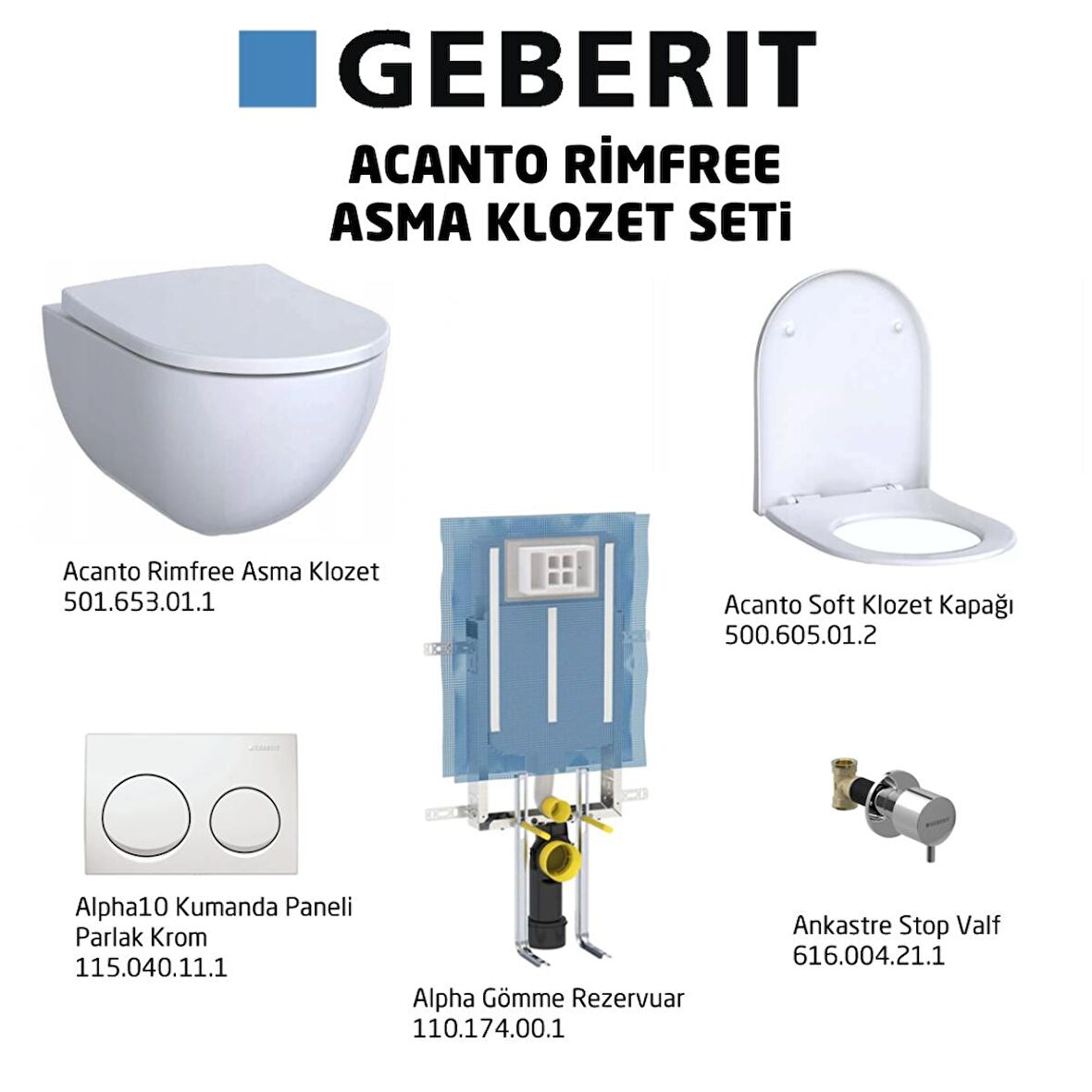 Geberit Acanto Rimfree Alpha10 Soft Asma Klozet Seti, Beyaz