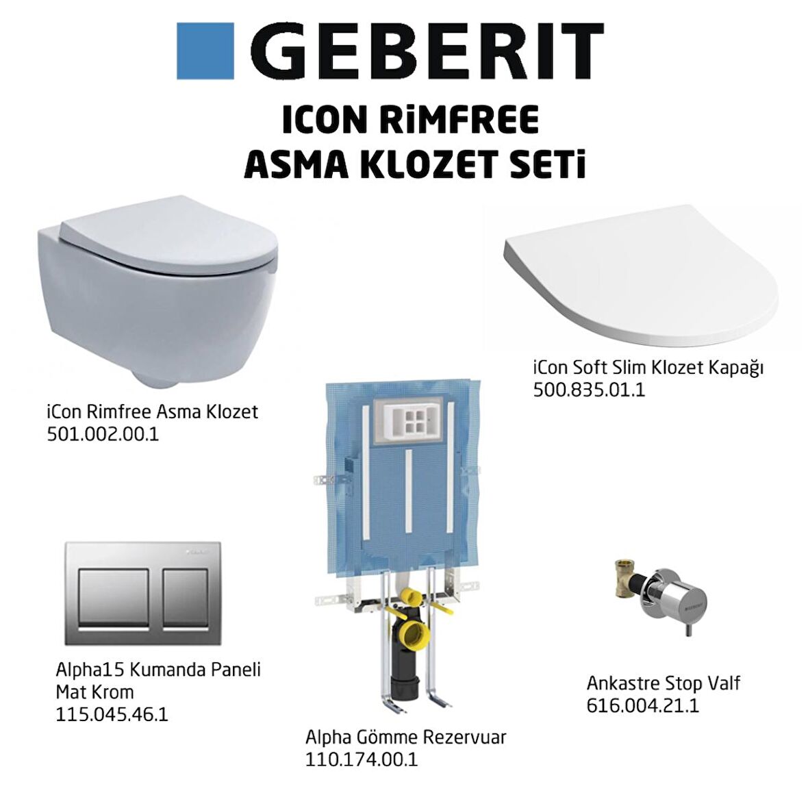 Geberit iCon Rimfree Alpha15 Soft Slim Asma Klozet Seti, Mat Krom