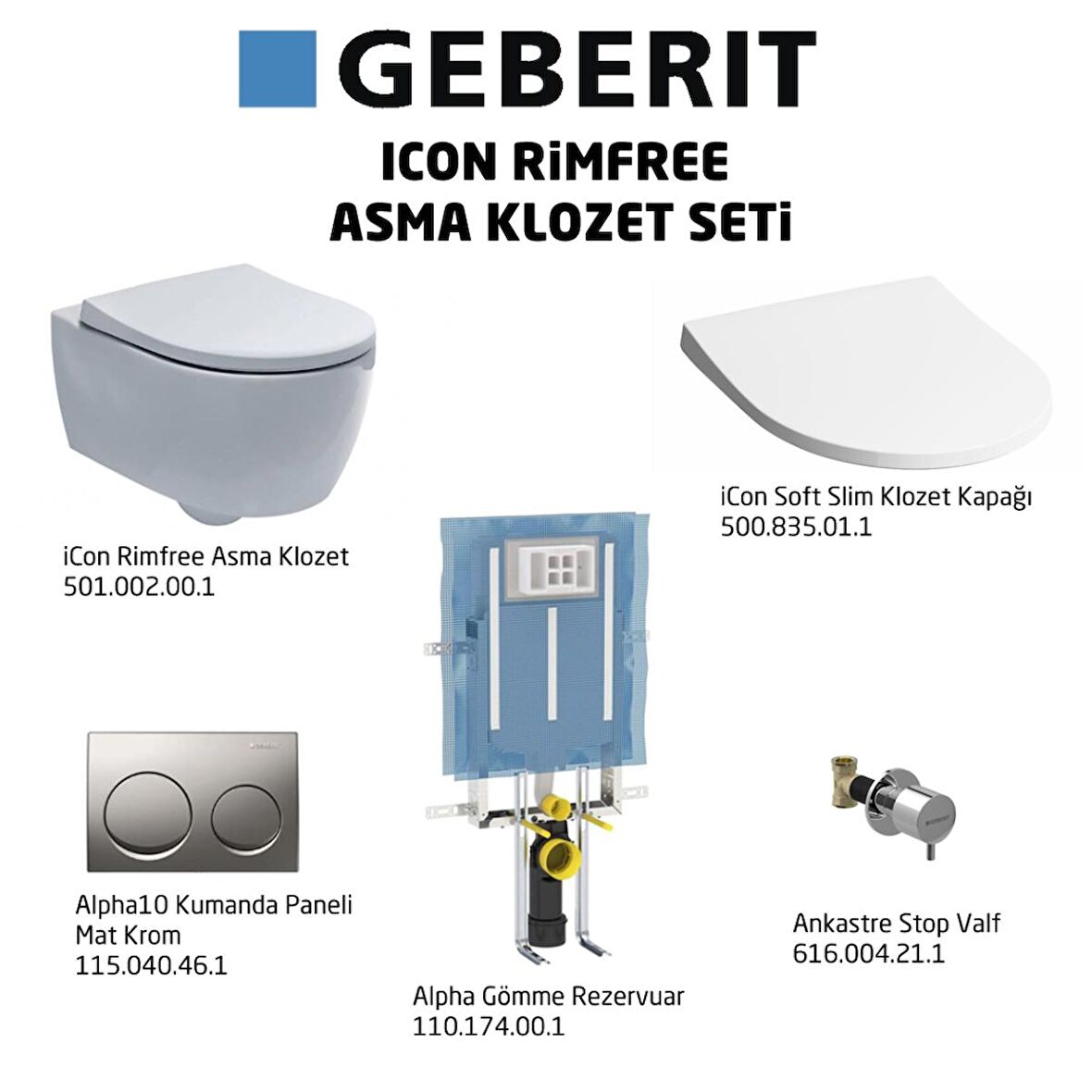 Geberit iCon Rimfree Alpha10 Soft Slim Asma Klozet Seti, Mat Krom