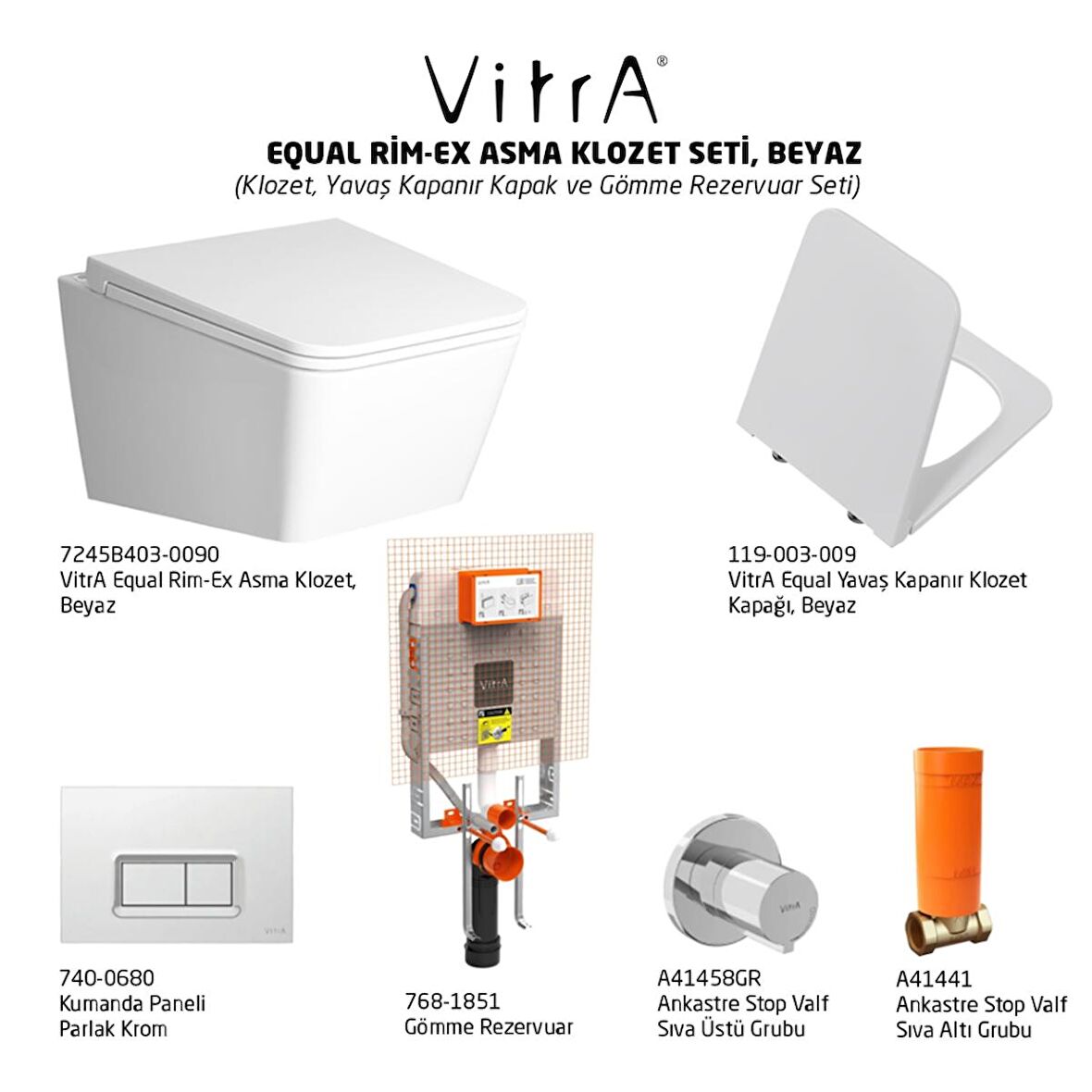 VitrA Equal Rim-Ex Asma Klozet ve Soft Kapak Seti, Beyaz