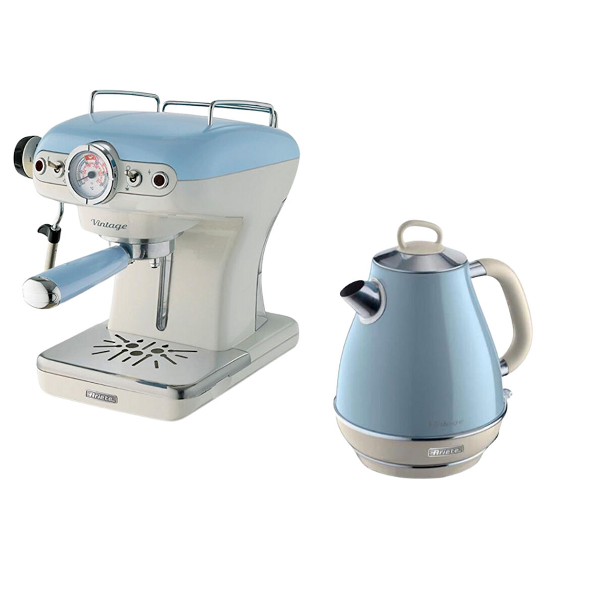 ARİETE Vintage Mavi Espresso Kahve Makinesi  ve 1.7 Litre Kettle Seti