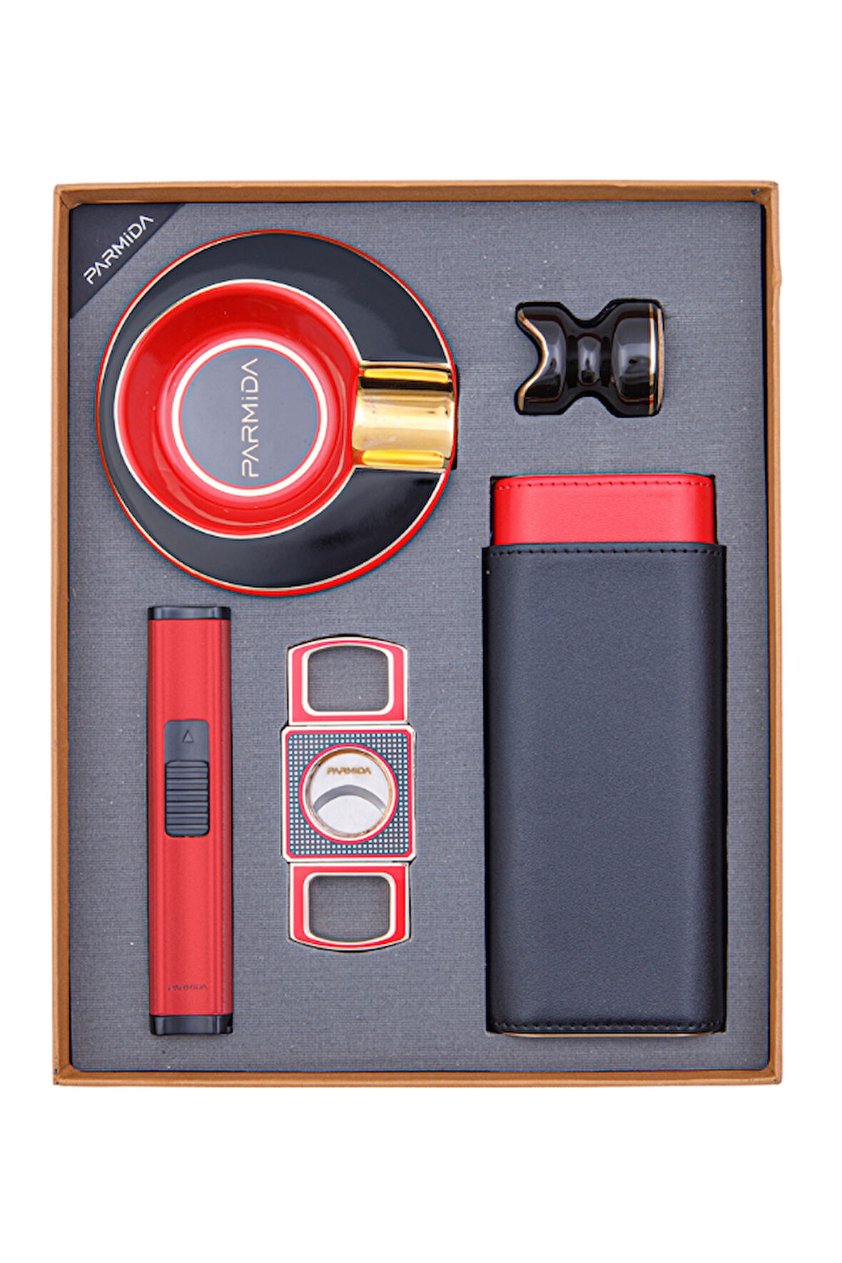 Parmida Çakmak Kesici Kılıf Küllük Beşli Kırmızı Puro Seti