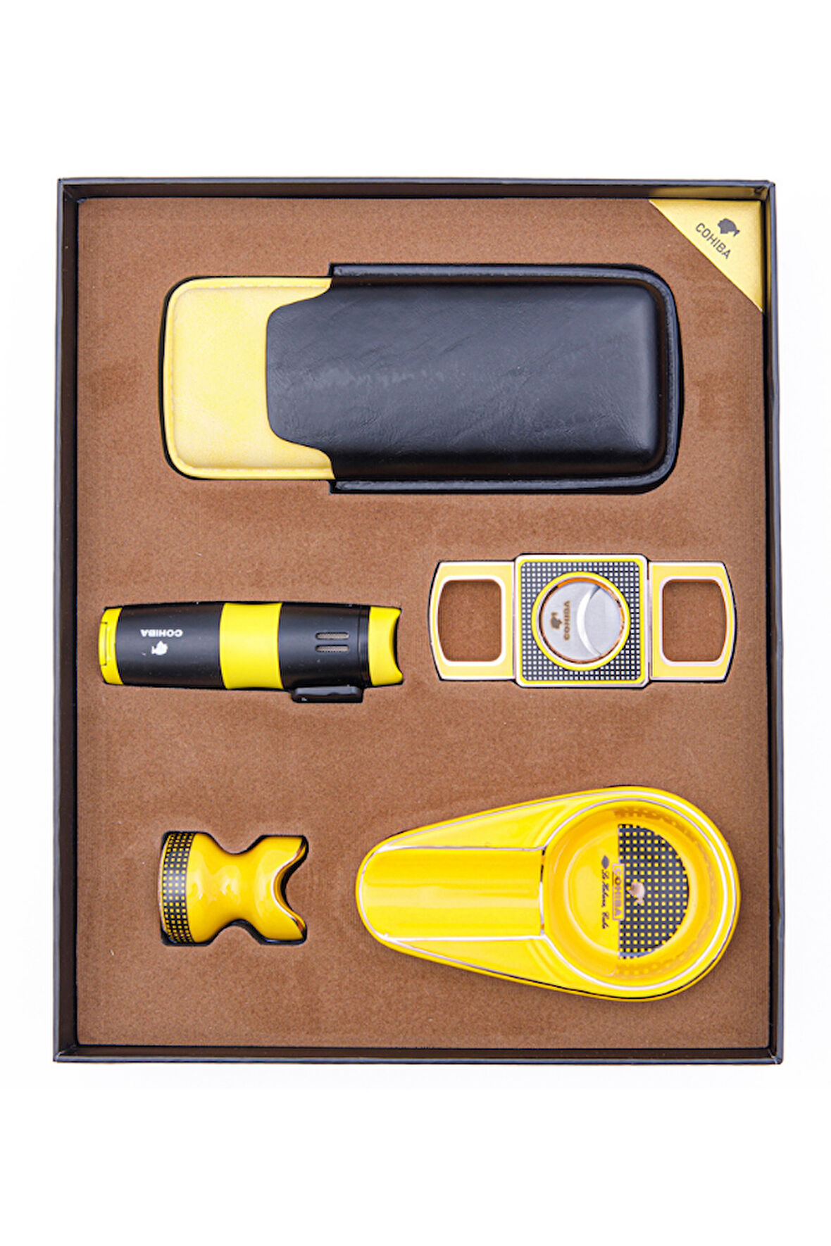 Cohiba Çakmak Kesici Kılıf Küllük Sehpa Beşli Sarı - Siyah Puro Seti