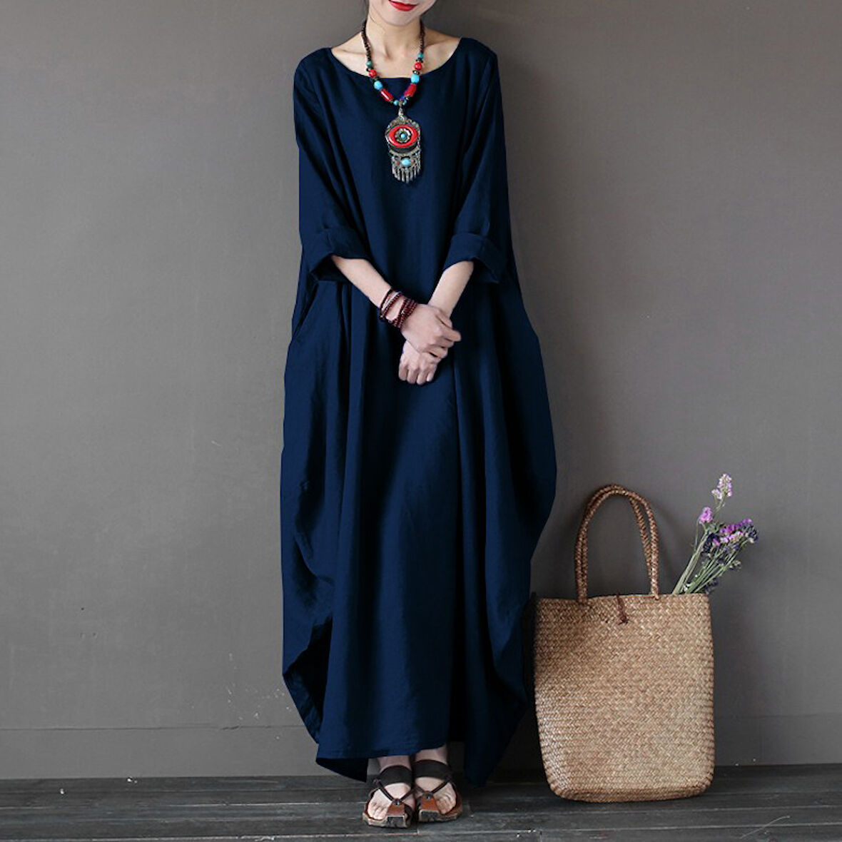 Barbora Keten Rahat Baharlık Salaş Panço Kadın Elbise LN1040lacivert4