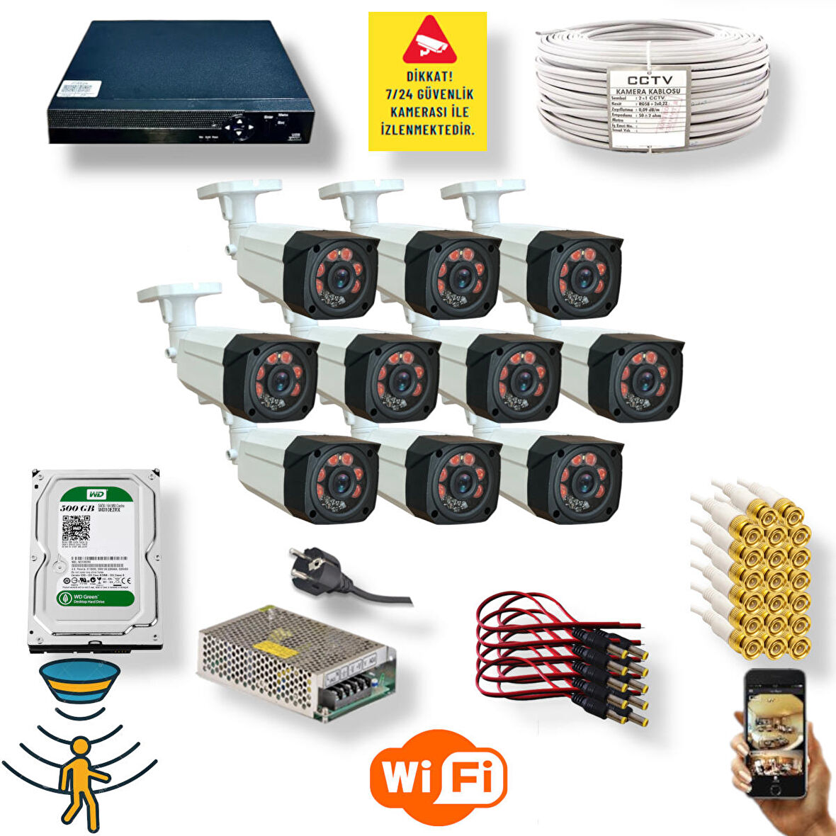 10 Kameralı Set - Hareket Algilayan 1080P Gece Görüşlü 5MP Sony Lens Güvenlik Kamerasi Seti 7808