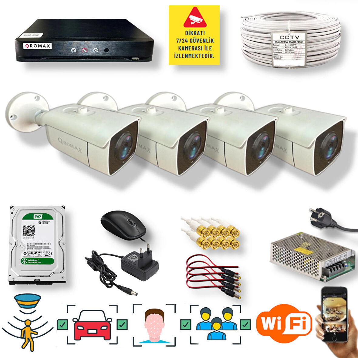 4 Kamerali Set - Araç İnsan Yüz Hareket Algılayan 24 Smd Led 5MP Sony Lensli 1080P Metal Kasa Güvenlik Kamerasi Seti 6224-1