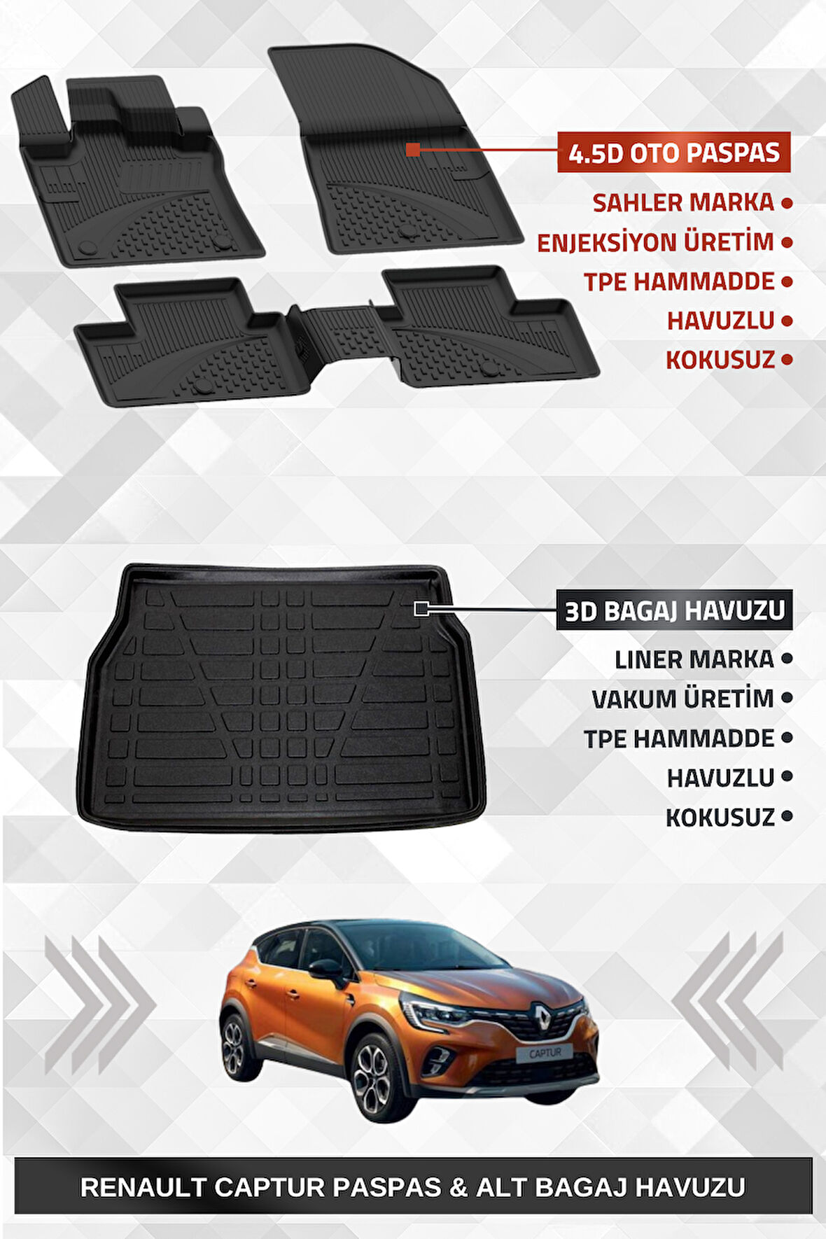 Sahler Renault Captur 2020+ Uyumlu 4.5D Premium Havuzlu Paspas ve Liner Marka 3D Alt Bagaj Havuzu