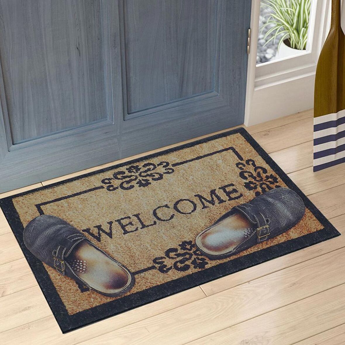 Welcome ve Terlik Desenli Çift Taraflı Kauçuk Kapı Önü Paspası
