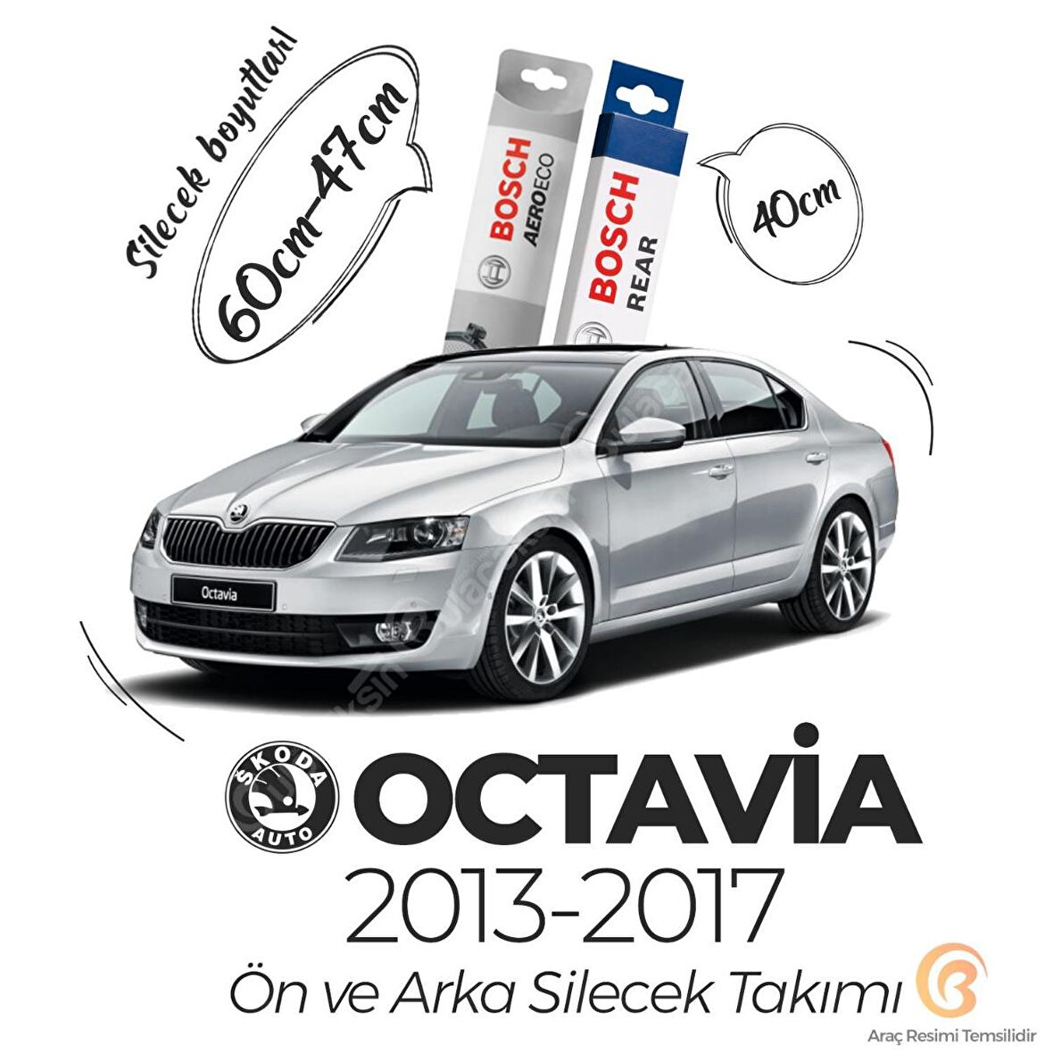 Skoda Octavia Ön ve Arka Silecek Takımı (2013-2017) Bosch Aeroeco