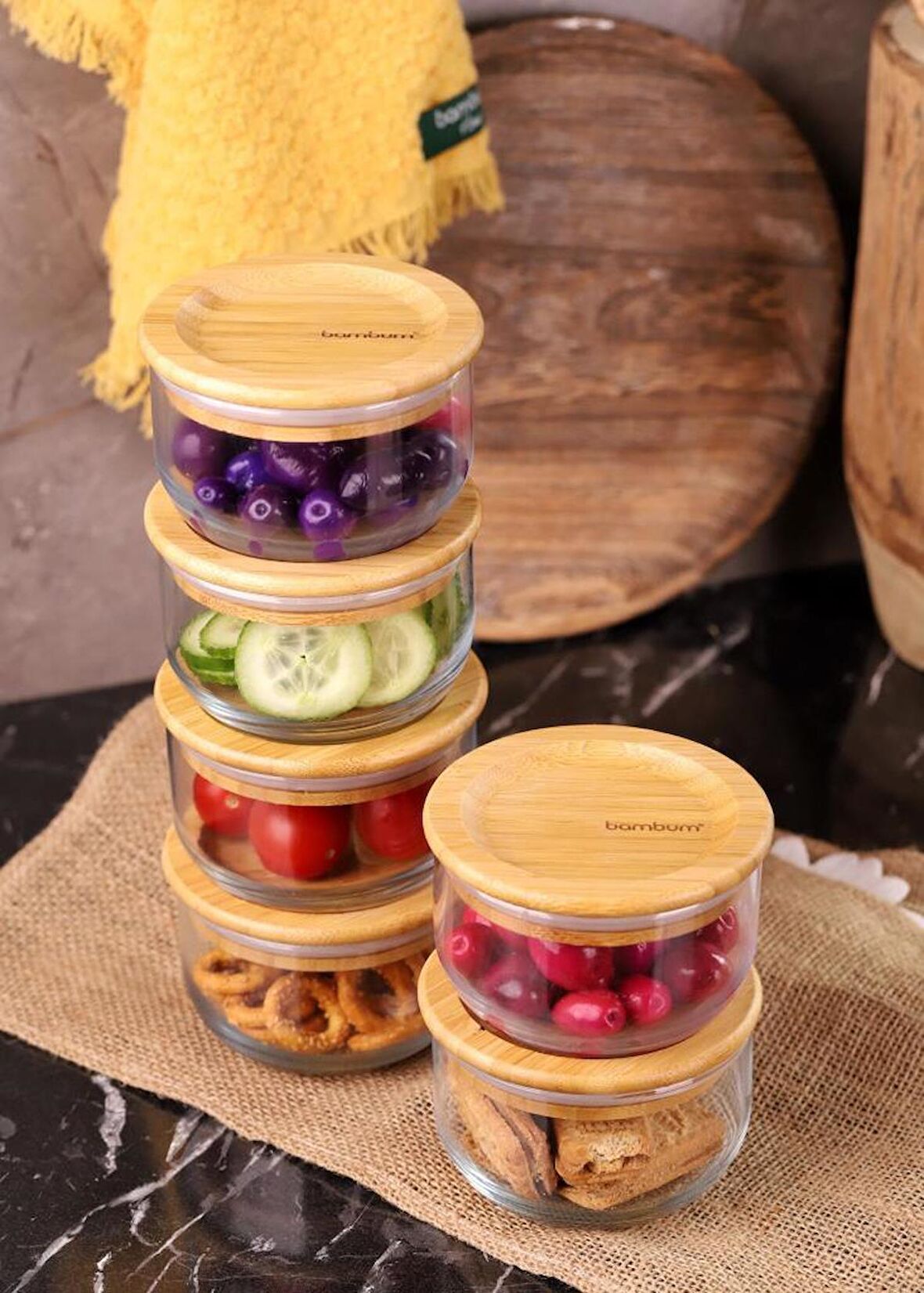 Bambum Duo 300ml 6'lı Bambu Kapaklı Cam Kahvaltılık Seti