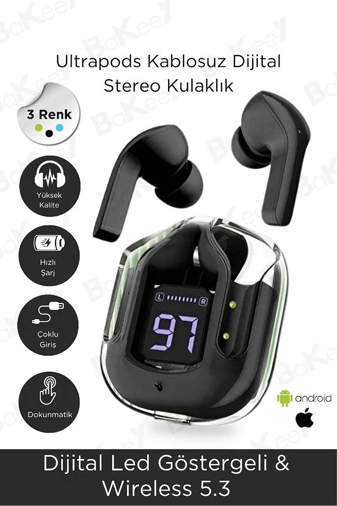 True Wireless Bluetooth Kulaklık Kulakiçi Dijital Göstergeli Android-İphone Uyumlu Kablosuz Kulaklık