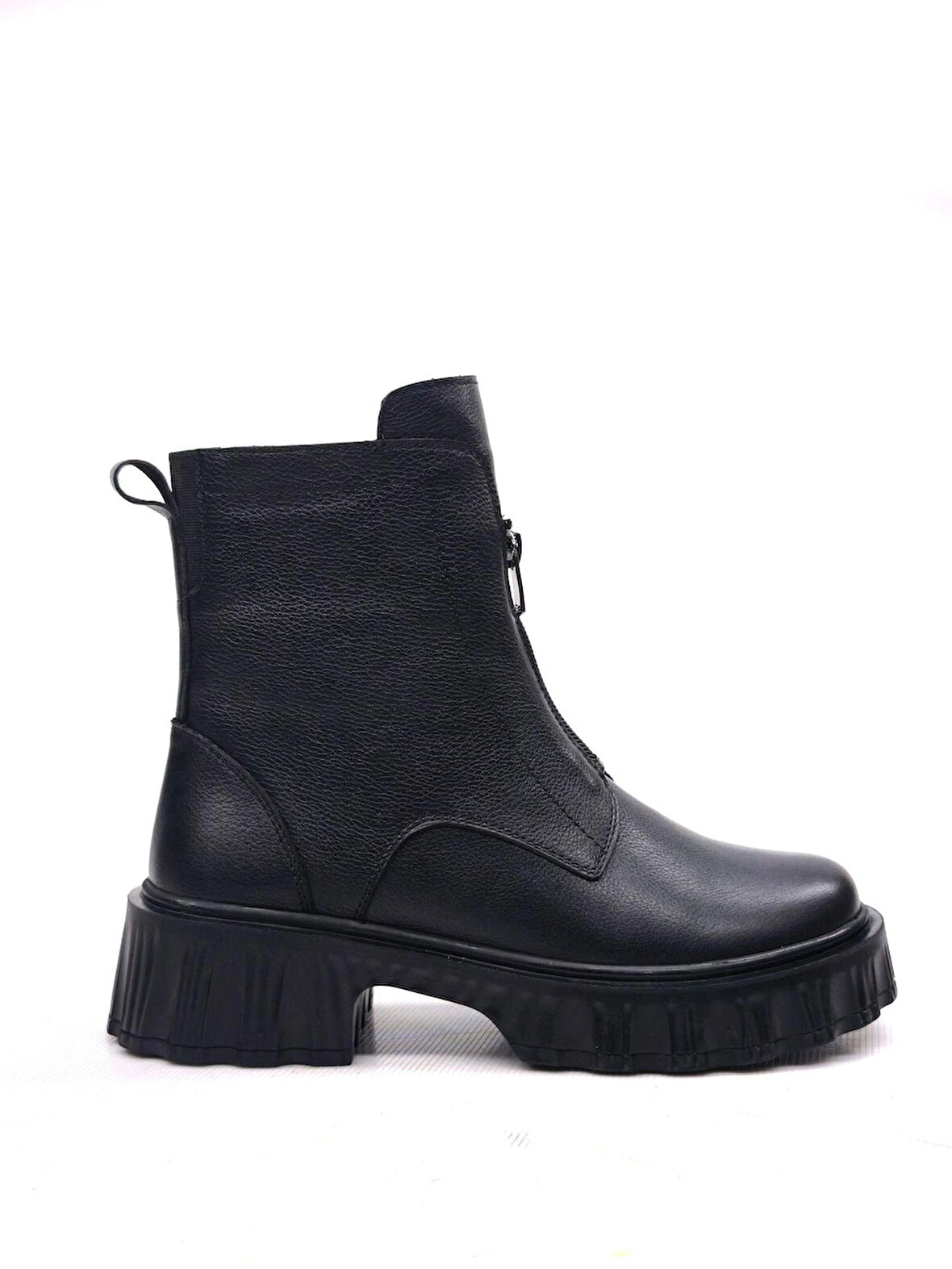 Kadın Hakiki Gerçek Deri Önden Fermuarlı Kauçuk Kaymaz Taban Siyah Bot