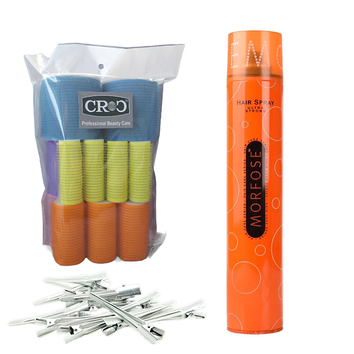 Croc Cırtlı Sünger Bigudi 14Lü Karma Paket + Saç Spreyi + Saç Pensi