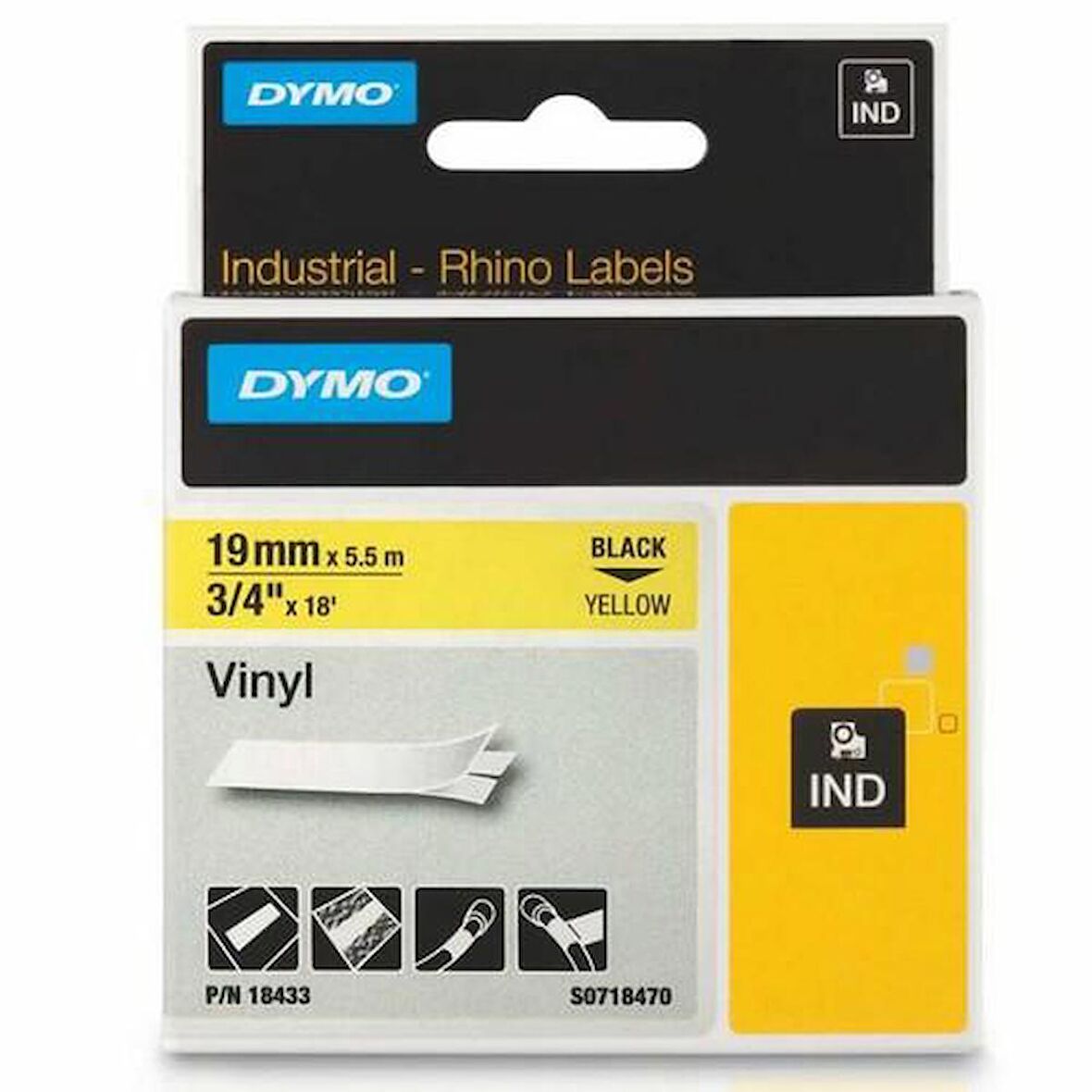 DYMO 18433 RHİNOPRO RENKLİ VİNİL ŞERİT (19mmx5,5mt) SARI-SİYAH