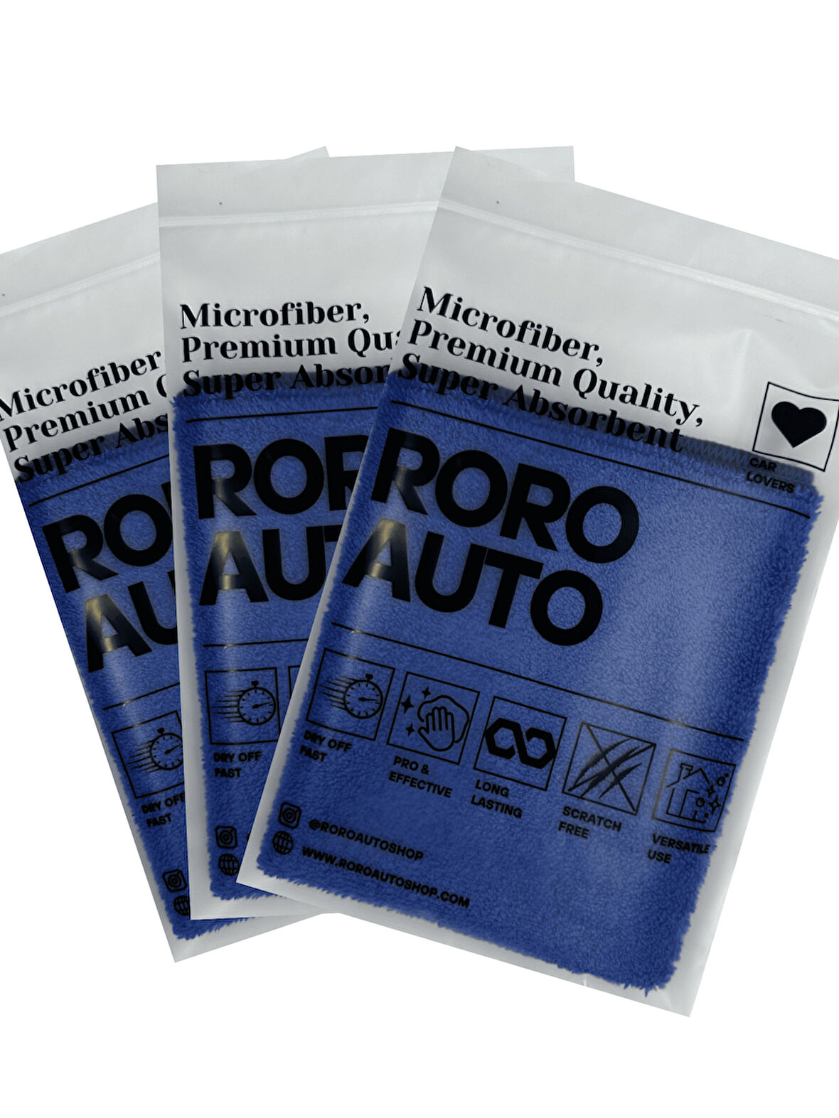 Roro Auto Fuji 3'lü Mikrofiber Araç Kurulama ve Oto Temizlik Bezi  40x40 440 GSM Mavi