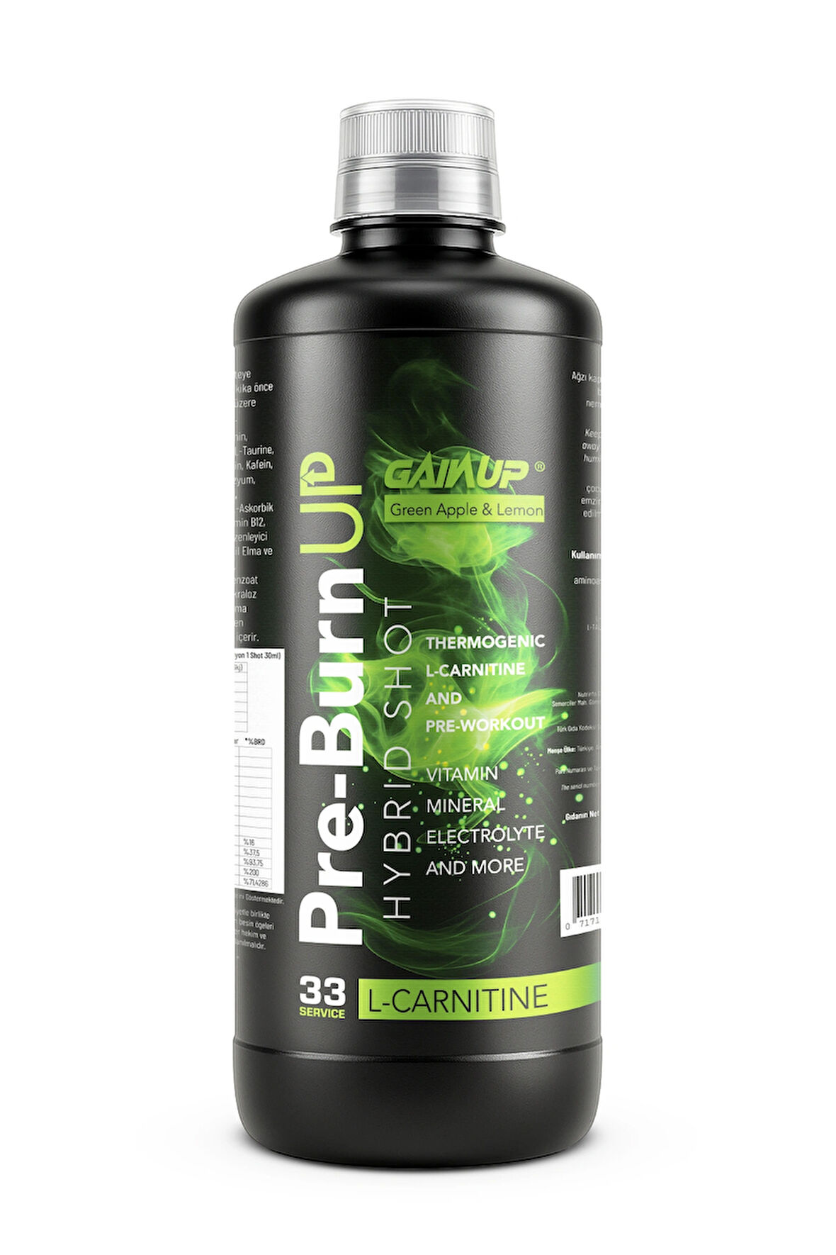 Gainup Pre-BurnUp Hybrid Shot 1000ML Pre-workout ve Thermo L-Carnitine Yeşil Elma & Limon