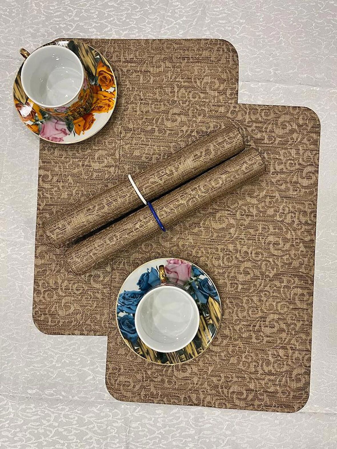 Koruteks 30x45 cm Dikdörtgen Kahverengi Yıkanabilir Desenli Amerikan Servis Takımı 4 Kişilik