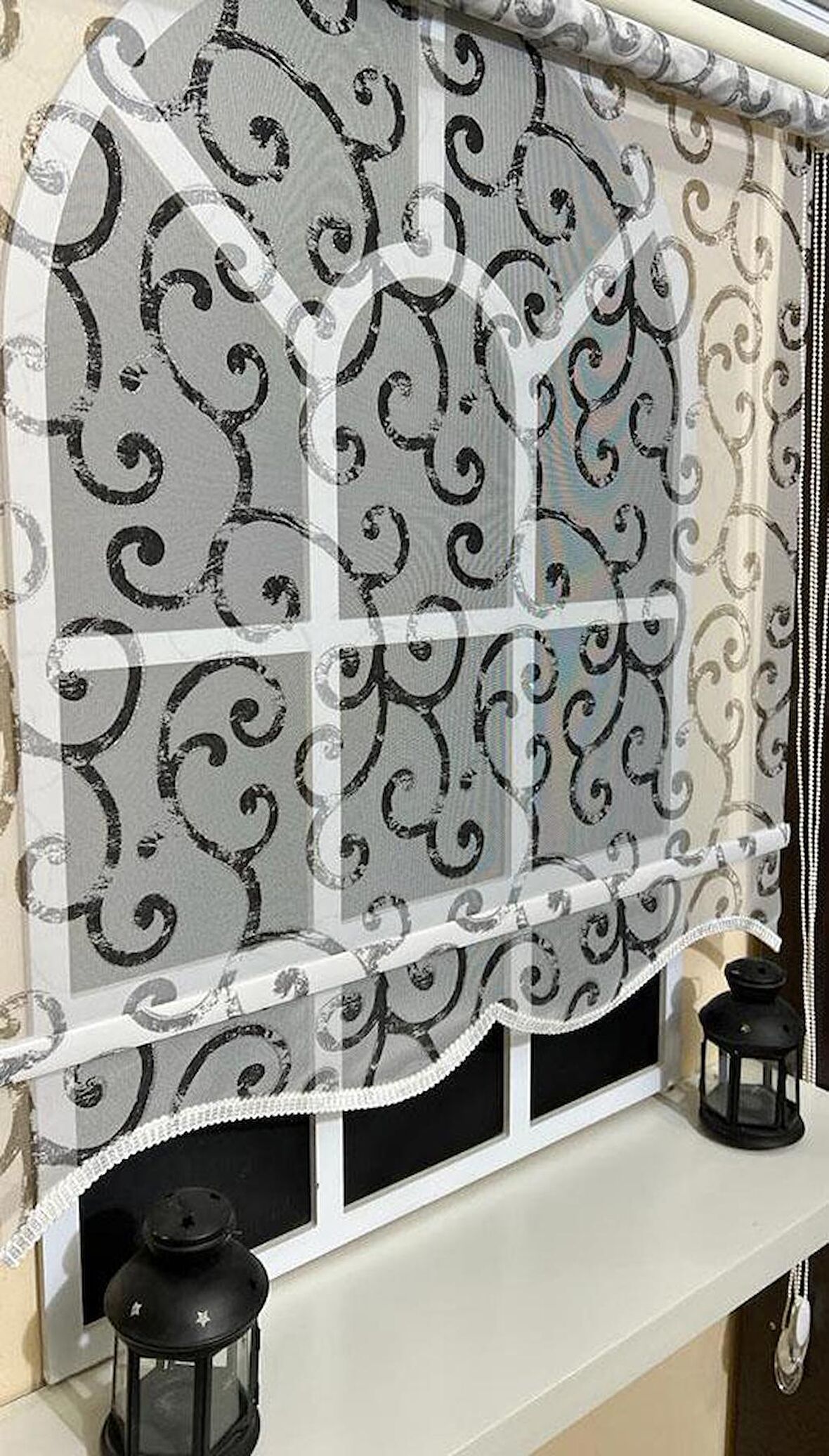 Çift Mekanizmalı Desenli Tül Stor Perde Gri Baskı STB-108