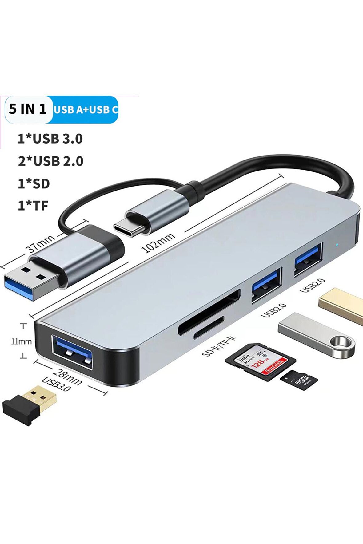 5 In 1 Usb C Hub Usb 3.0 Tip C Splitter Multiport Dock Adaptörü Sd/tf Kart Için