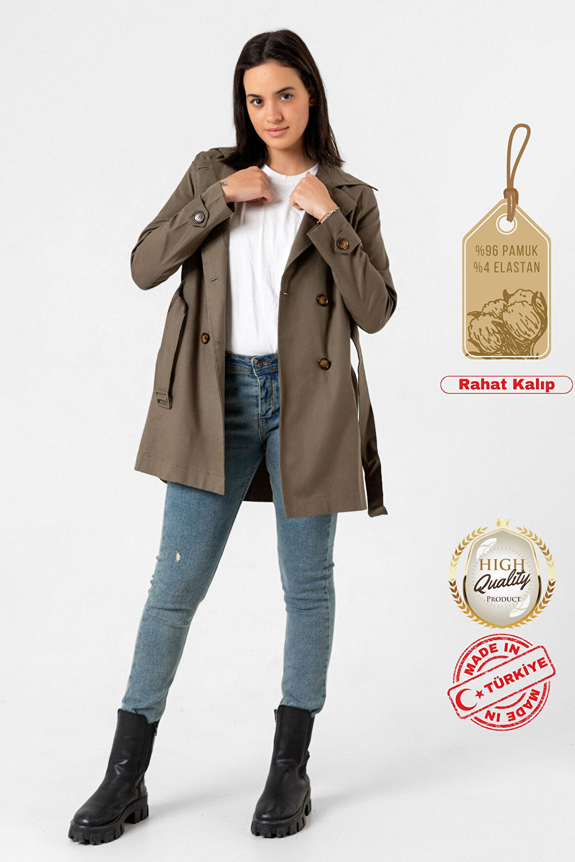 Pastelastore Esnek Pamuk Gabardin Kısa (80cm) Omuz Apoletli Kemerli Kadın Trençkot 1120