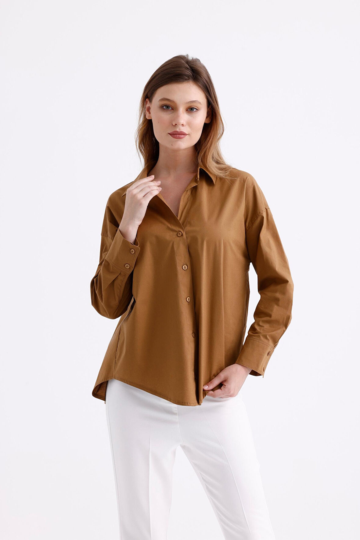 Geniş Manşetli %96 Pamuk Esnek Poplin Uzun Tunik Kadın Gömlek 1163