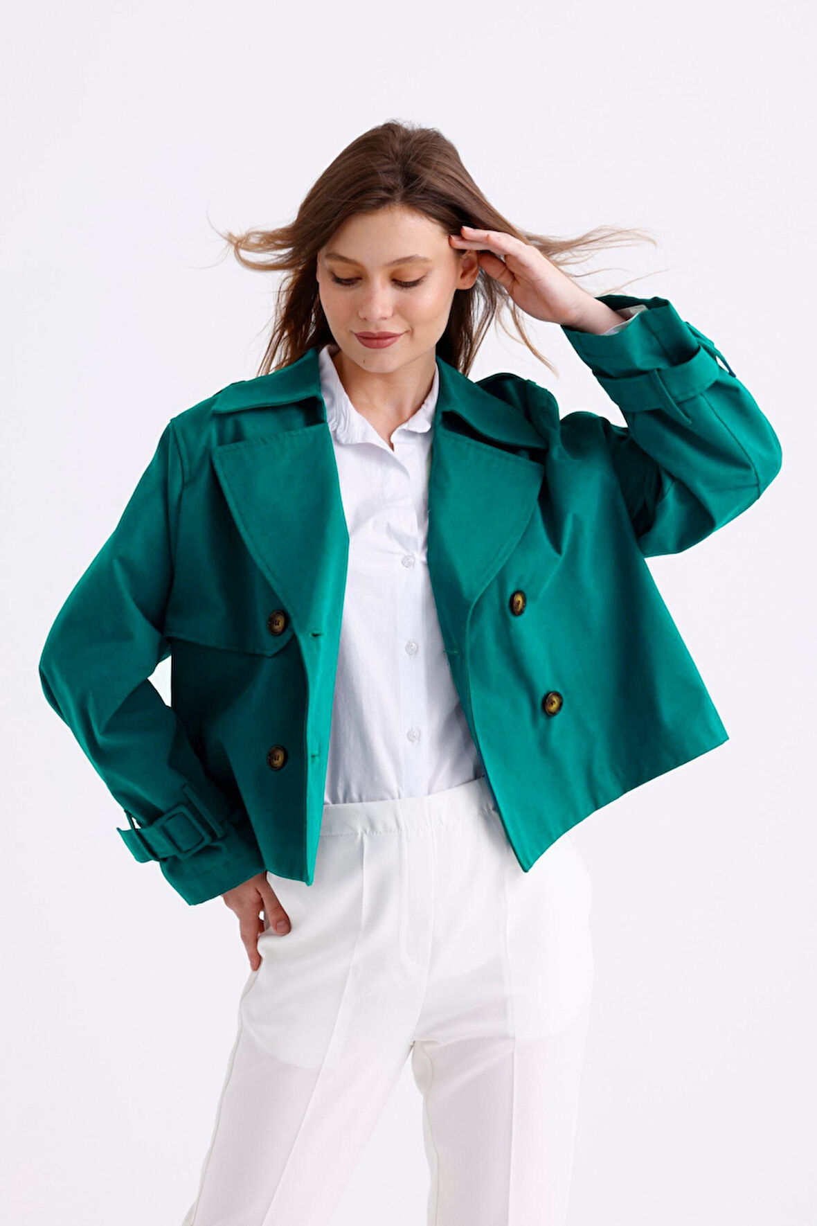 %100 Pamuk Gabardin Astarlı Oversize Geniş Kalıp Kadın Crop Kısa Trençkot 1122