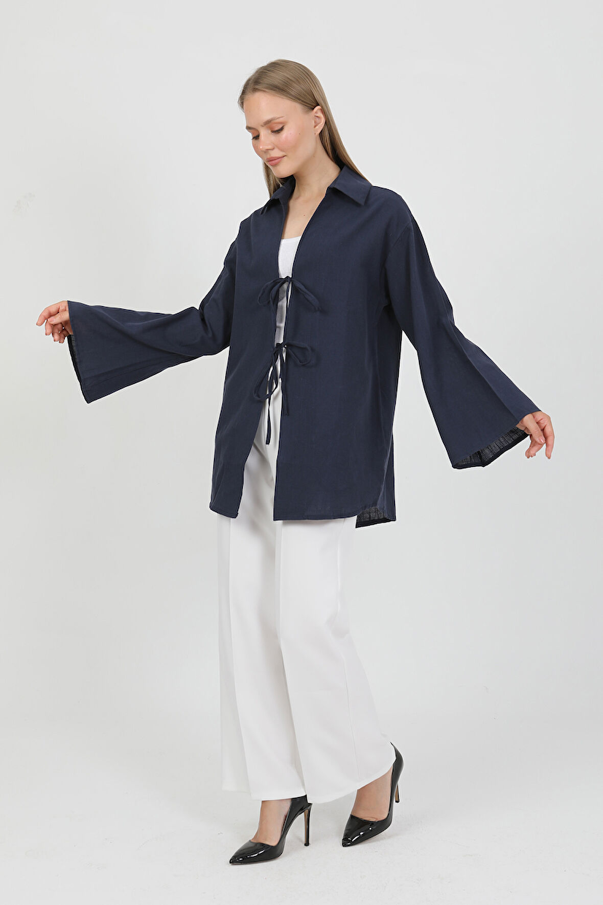 %100 Pamuk Keten Cepli Bağcıklı Kadın Kimono 1165 – Gömlek Yaka, Nefes Alan Kumaş