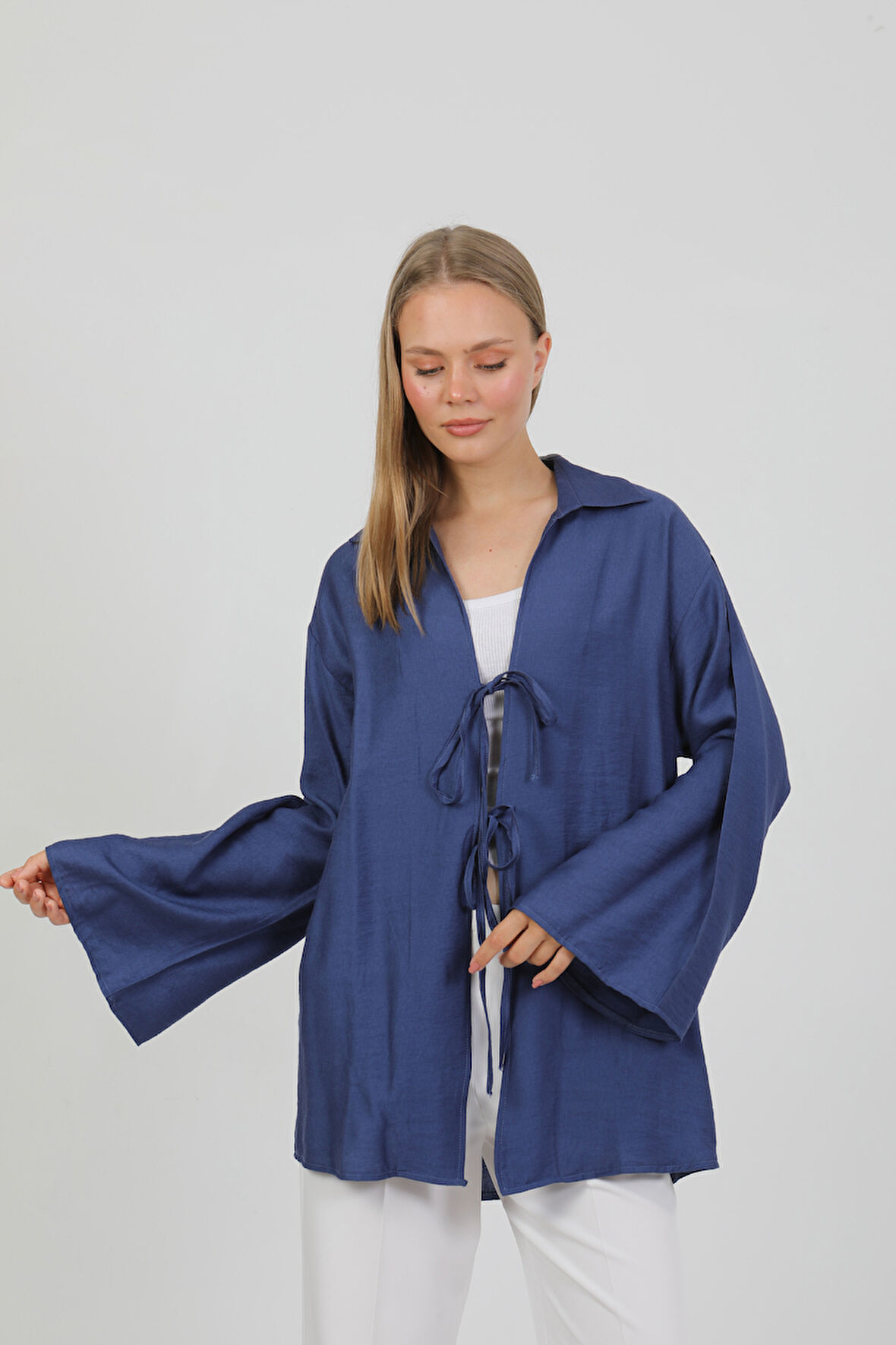 Doğal Viskon Kumaş Cepli Bağcıklı Kadın Kimono 1167 – Hafif, Dökümlü, Akışkan, Yazlık Model