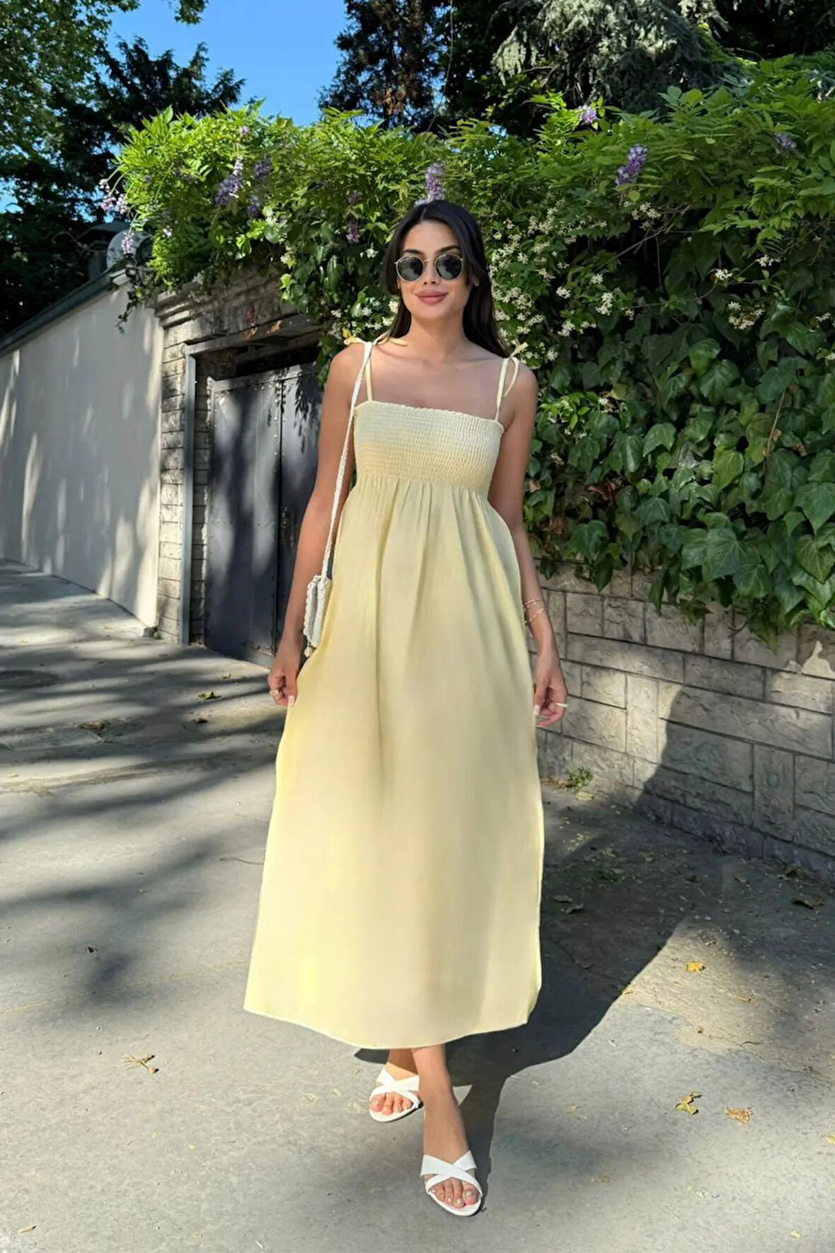 Uzun Pamuklu Yaz Elbisesi – Askısı Bağlamalı Astarsız 4301