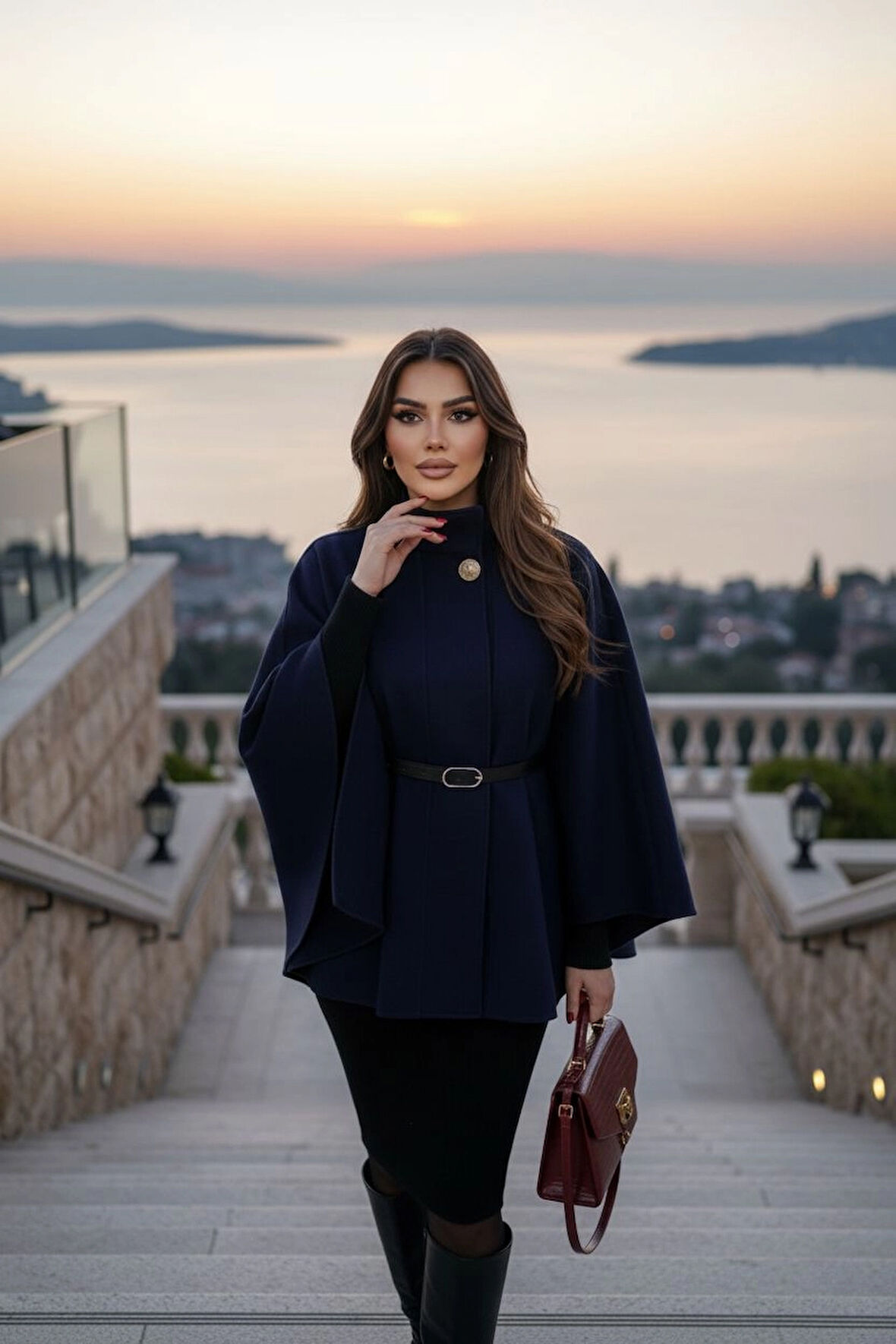 Gold Detaylı Kaşe Pelerin Panço 6100