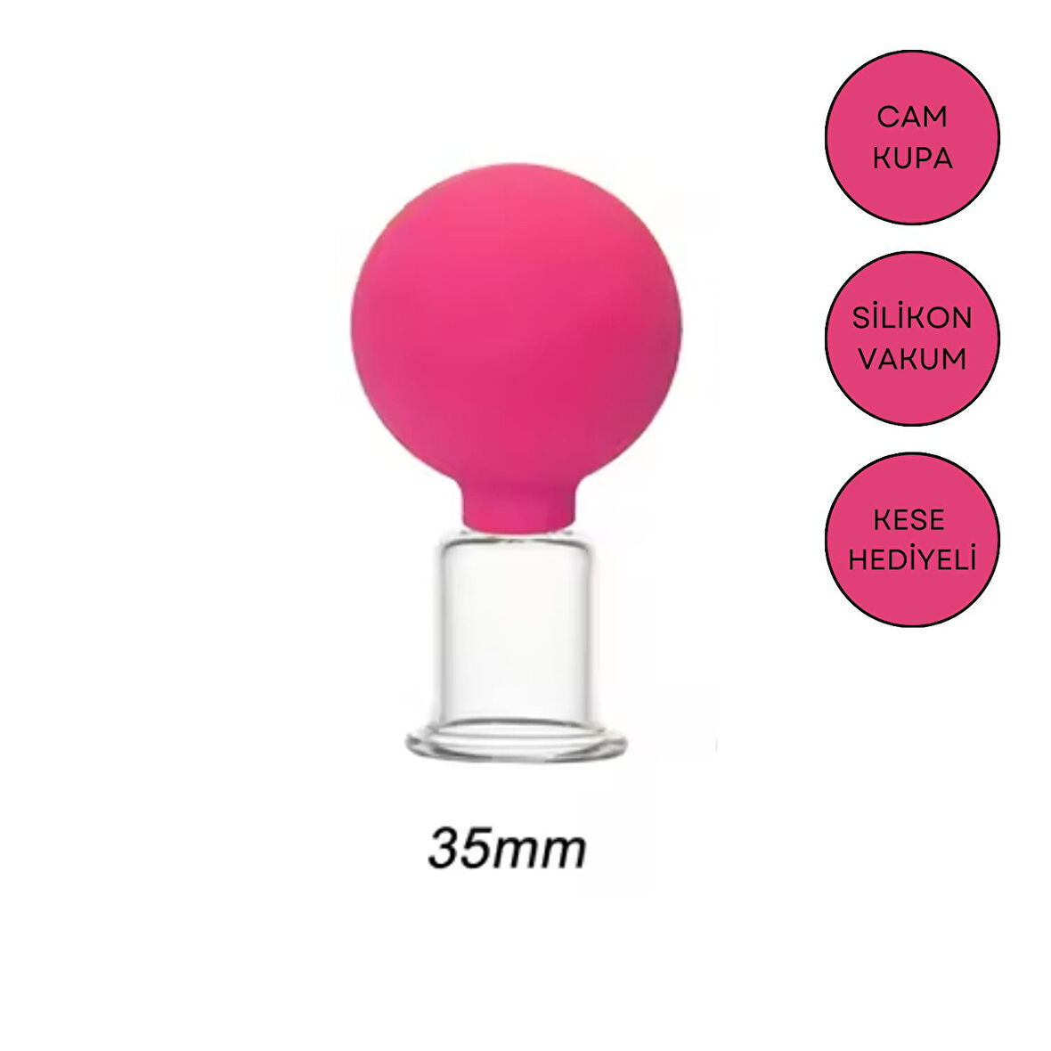 Silikon Vakumlu Yüz ve Boyun İçin Cam Masaj Kupası No:3 Gül Pembe Renk