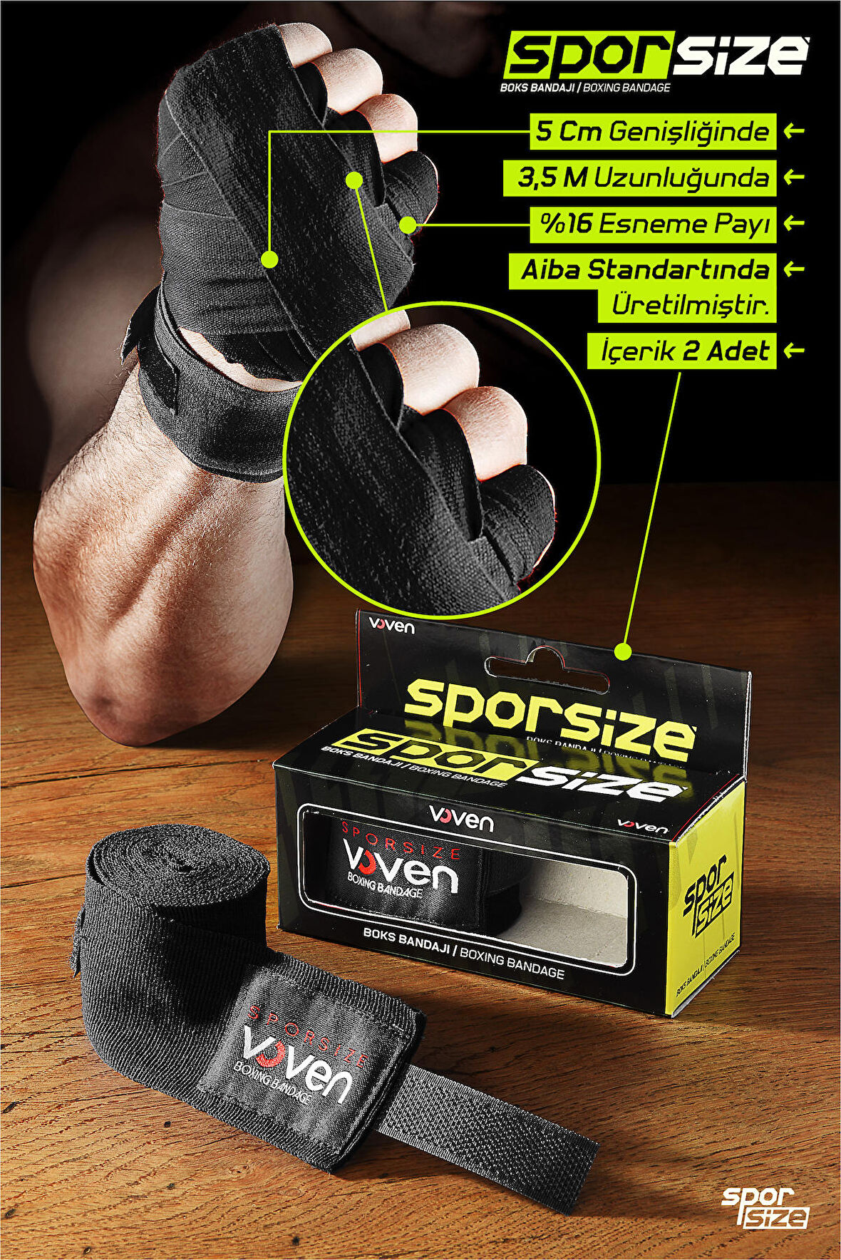 Voven Boxing Muay Thai Bandage Black Boks Bandajı Muay Thai Bandajı El Sargısı Siyah 3,5 Metre