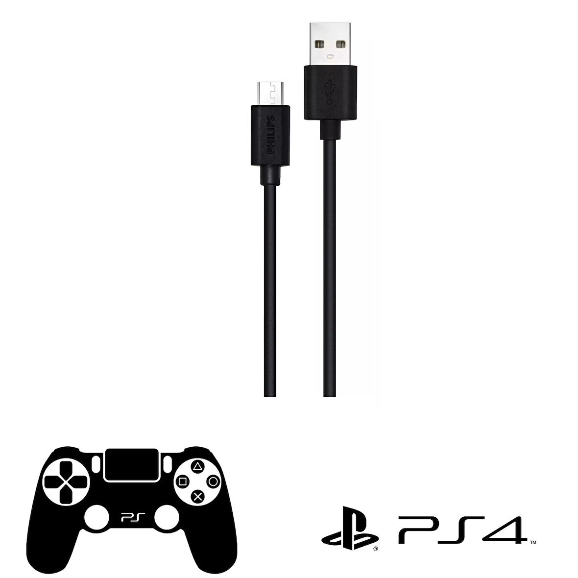 Philips Playstation 4 İle Uyumlu Joystick Şarj Kablosu 3A 45W UsbA to Universal Micro Hızlı Şarj Kablosu 1.2M DLC3104U
