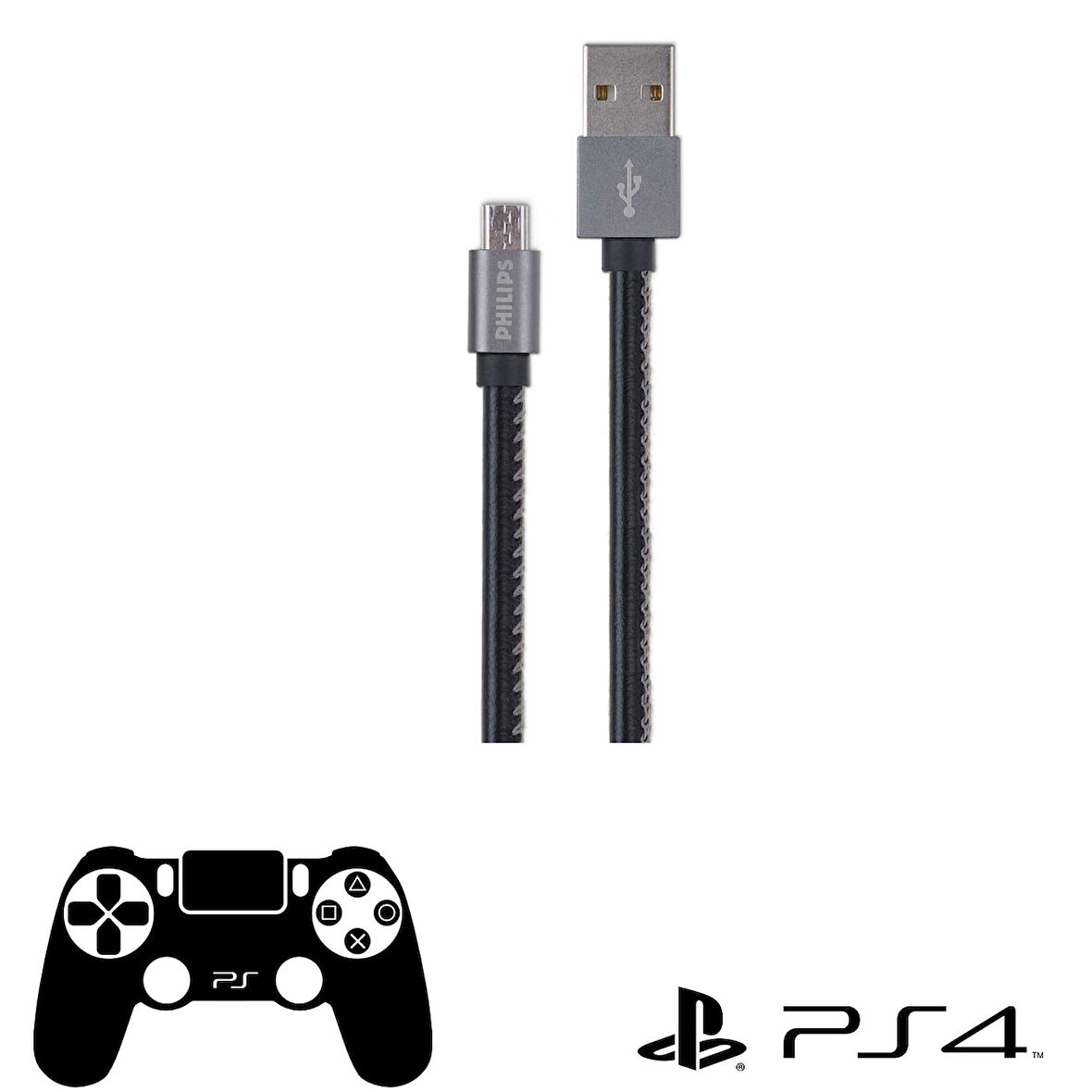 Philips Playstation 4 İle Uyumlu Joystick Şarj Kablosu 3A 60W UsbA to Micro Deri Kaplama Hızlı Şarj Kablosu DLC2518B/97