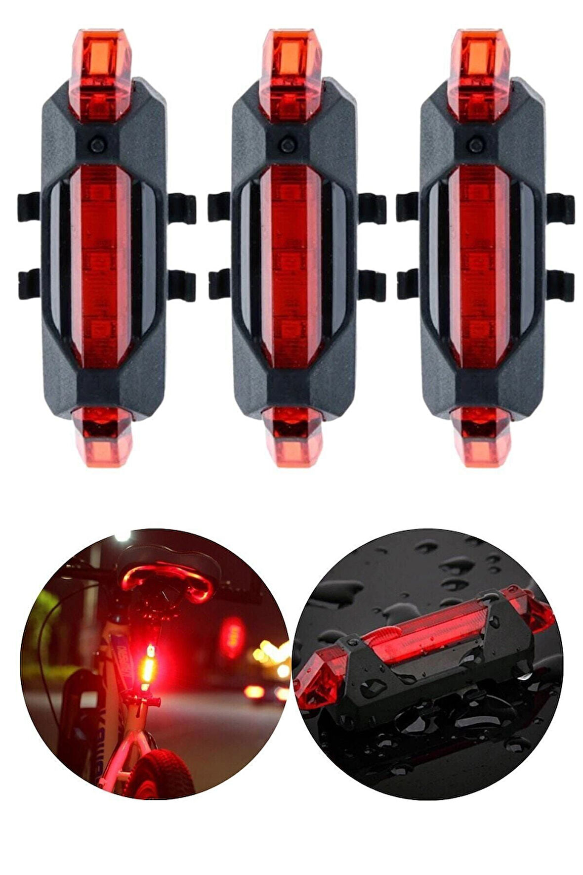 3 Adet Usb Şarj Edilebilir Parlak Bisiklet Led Lamba Su Geçirmez Güvenlik Uyarı Arka Lamba Işığı