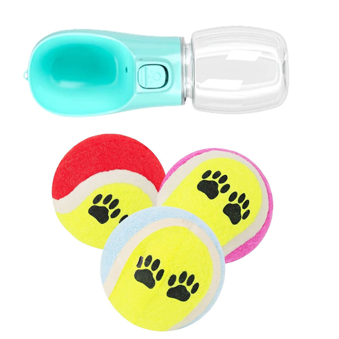 BUFFER® 3'lü Tenis Topu Kedi Köpek Oyuncağı+ Taşınabilir Evcil Hayvan Suluğu Seyahat Kabı  350 ml