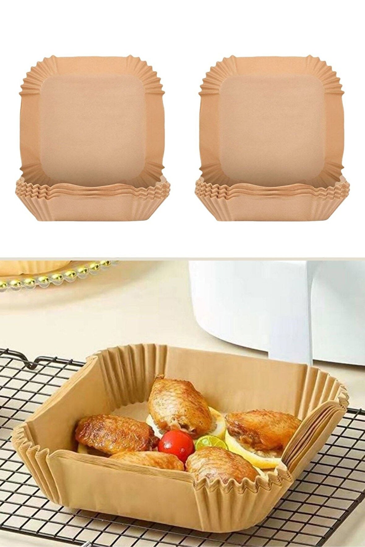 ® 200 Adet Air Fryer Pişirme Kağıdı Tek Kullanımlık Yağ Geçirmez Kağıt Kare Tabak Model