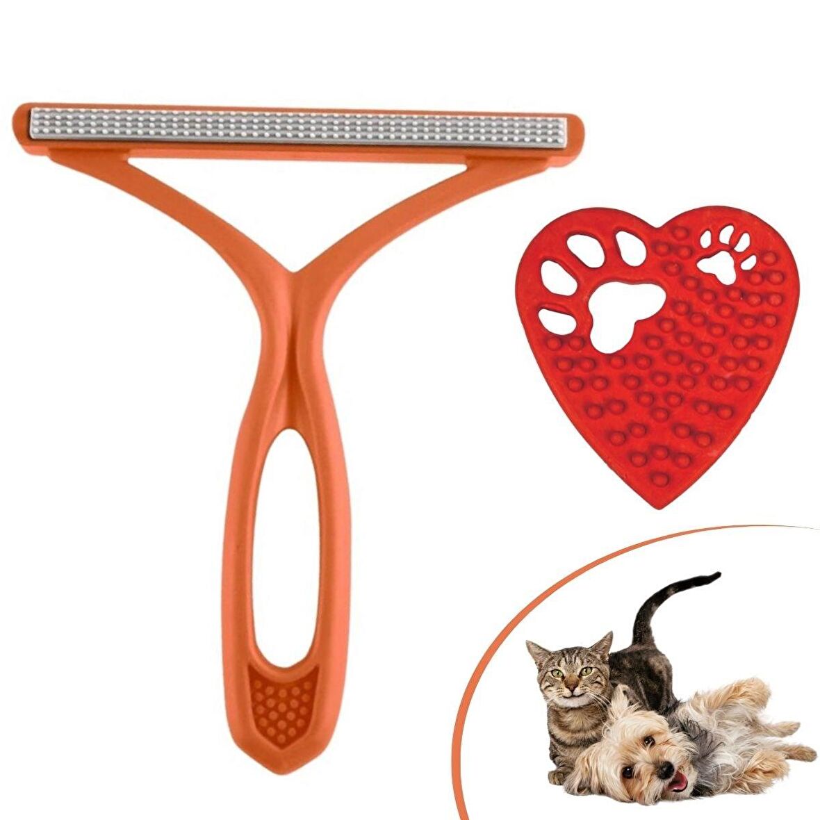 BUFFER® Çift Taraflı Tüy Toplama Fırçası ve Evcil Kalp Şekilli Tırtıklı Diş Kaşıma Oyuncağı