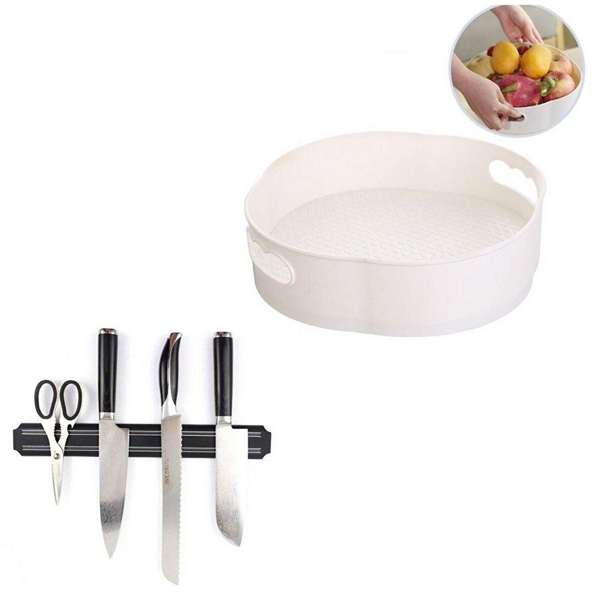  BUFFER® 360 Derece Dönebilen Mekanizmalı Yuvarlak Tepsi Organizer + Manyetik Bıçak Askısı 33Cm
